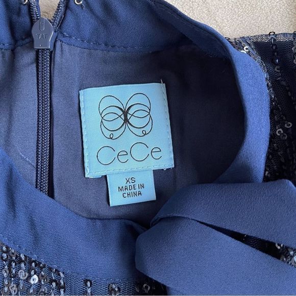 CeCe Size XS Navy & Black Sequin Layered Bow Tie Neck Sleeveless Cocktail Dress - Picture 15 of 15